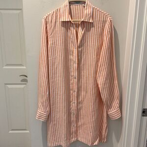Raphael Positano Orange and White Striped 100% linen long Shirt size XL
